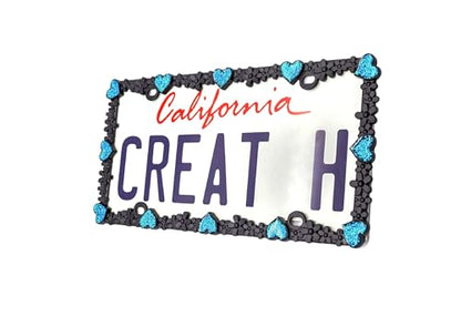 Creathome 3D Shining Daisy Heart License Plate Frame from Pure Zinc Alloy Metal Perfect Plate Holder, Matt Black with Blue Glitter, Luminously Heart - color: Matt Black with Blue Glitter, Luminously Heart