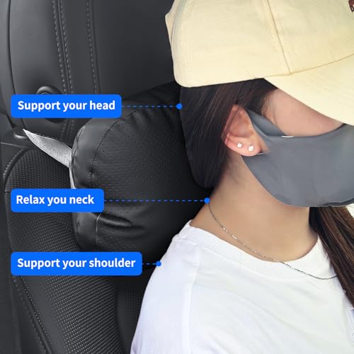 2 Pack Car Neck Pillows, PU Leather Car Headrest Support with Adjustable Strap, Ergonomic Dupont Bio Cotton Head Rest Pillow for Road Trips & Daily Commutes (Black, Soft Style) - color: Black