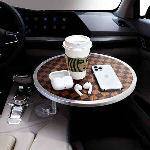 Car Tray Table & Car Desk for Laptop with 2 Risers and Anti-Slip Pad, 360° Rotating Cup Holder for Working and Eating Compatible with Tesla Model 3/Y/S, Ford F150/Explorer/Maverick & Most Vehicles/EV - color: Brown-Black Chessboard