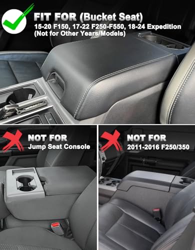 Center Console Cover for 2015-2020 F150 Accessories, F250 F350 F450 2017-2022, Expedition 2018-2024, PU Leather Middle Armrest Cusion Protector, Bucket Seat Only, Anti-Scratch, Black-Red Stitch - size: Bucket Seat, 17-22 F250-F450, red stitch