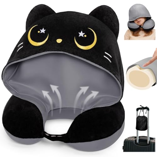 Mewaii Travel Neck Pillow with Hood for Airplanes,Memory Foam,Breathable Ice Silk & Soft Velvet,Double-Sided,Removable to Clean,Adjustable Strap,Portable Travel Pillow for Long Flights Adults & Teens - color: Darkgrey