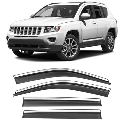 Shatterproof Taped-On Window Deflectors for Jeep Compass 2017-2025 with Chrome Trim, Rain Guards, Window Visors for Car, Vent Deflector, 4pcs - size: For 2017-2025 Compass