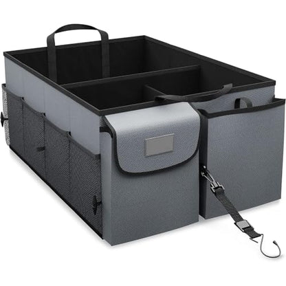 Collapsible Car Trunk Organizer - Multi-Compartment Storage for SUV/Truck/Sedan - Adjustable Straps Secure Belongings - Waterproof & Durable Interior (Grey)