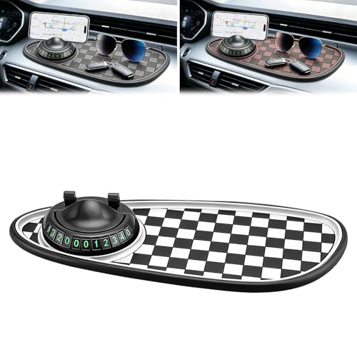 Mobile Phone Bracket Anti-Slip Mat,Multifunction Car Dashboard Mat with Temporary Parking Number,360° Rotating Adjustable Phone Holder,Universal Fit Anti-Slip Mat (Black & White) - color: Black & White