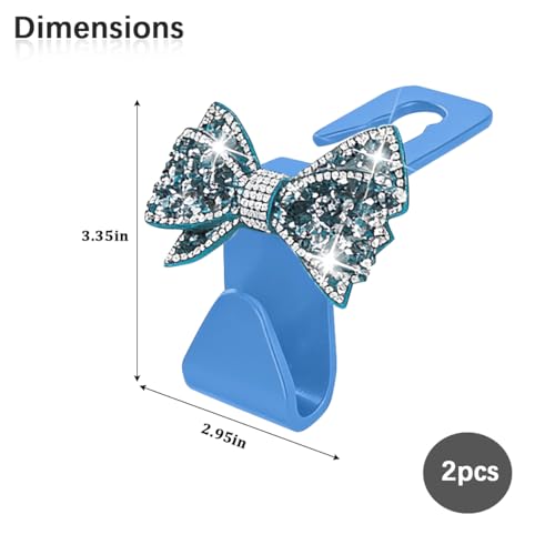 Zpana Bling Car Headreat Hook, 2PCS Crystal Rhinestone Cute Bow Vehicle Seat Back Hanger Storage for Purses Bags Grocery, Diamond Auto Rear Seat Organizer, Universal for SUV Truck Sedan (Light Blue) - style: Light Blue/2PCS