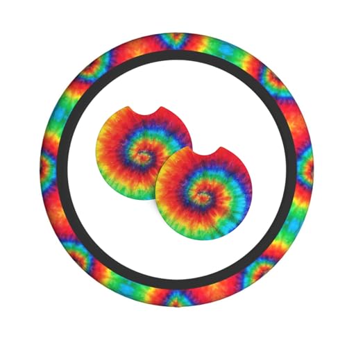 Tie Dye Steering Wheel Cover with 2 Car Coasters Non Slip Neoprene for Women Men Universal 15 Inch - color: Tie Dye