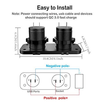 QC 3.0 USB Outlet 12V Boat Marine Waterproof Cigarette Lighter Socket Splitter 12 Volt DC Power Charger Adapter DIY Kit with Blue LED Dual USB Ports for Rocker Switch Panel on Car RV Golf Cart ATV