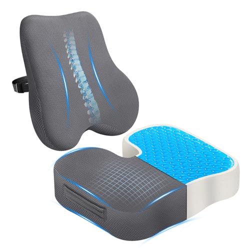 Gel Seat Cushion & Lumbar Support Pillow Set, Cooling Memory Foam for Coccyx & Sciatica Pain Relief, Ergonomic Desk Chair Cushion with Breathable Mesh Cover for Car, Home, Wheelchair (Grey) - color: Grey Gel Cool