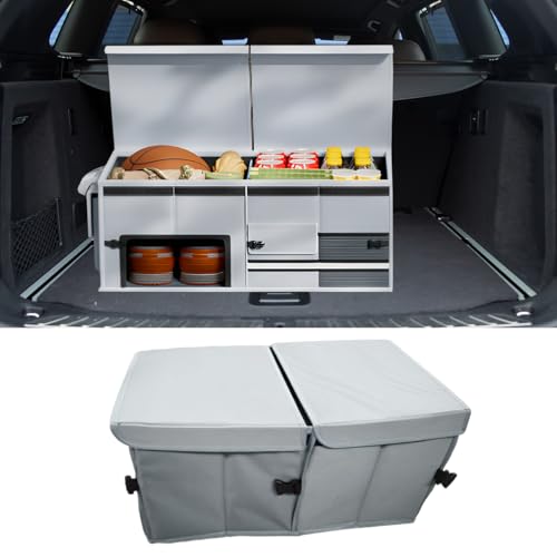 Car Trunk Organizer, Collapsible Multi Compartment Cargo Storage Box with Lid & Reinforced Handles, Adjustable Waterproof Vehicle Storage Organizer Accessories for Car SUV Truck (Gray) - color: Gray