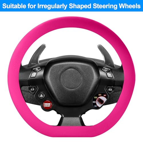 Spurtar Hot Pink Car Steering Wheel Cover Women, Hot Pink Car Accessories Cute Soft Silicone Leather Texture Steering Wheel Protector, Fit Diamenter 15" - 16.5"
