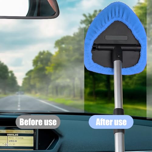 Car Windshield Cleaner Tool, Vehicle Window Detailing Cleaning Kit with Extendable Handle & 4 Washable Microfiber Pad, Auto Glass Wiper Cleaner for Exterior & Interior, Universal Fit (Blue) - color: Blue