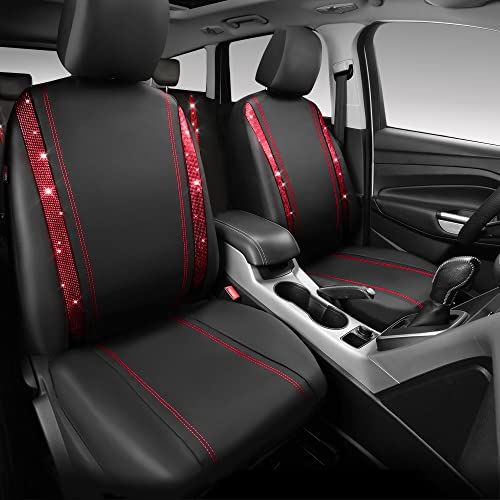 CAR Pass Bling Car Seat Covers Full Set, Shining Rhinestone Diamond Waterproof Faux Leather, Rear with Zipper, Universal Fit Automotive Glitter Crystal Sparkle Strips for Women Girl, Black Red - color: Red Diamond, size: Full Set
