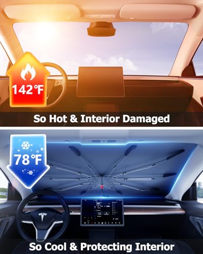DMJN Umbrella Windshield Sun Shade - Small, Car Sunshade for Front Windshield [Nano Ice-Crystal Coatings] UPF50+ Heat & UV Block, Protect Interior & Keep Cooler Universal for Car, SUV, Truck - size: Small(53"l X 29"w)