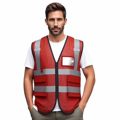caparazon Unisex High-Visibility Reflective Safety Vest with Zippered Pockets - ANSI/ISEA Certified for Enhanced Work Safety - color: Red Mesh