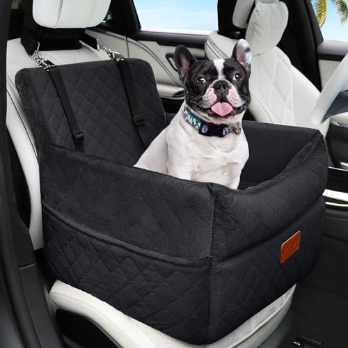 HEGGCOOE Small Dog Car Seat, Memory Foam Dog Booster Car Seats with Thick Cushion for Medium Dogs Under 35lbs, Detachable Washable Dog Bed for Car, Pet Carseat with Storage Pockets,2 Safety Belts - color: Black