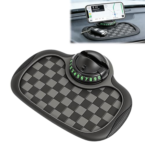 Multifunction Car Anti-Slip Mat, 360° Rotatable Phone Holder Dashboard Pad with Temporary Parking Number, Universal Anti-Slip Car Dashboard Mat for Phones Keys Sunglasses Gadgets (Black)