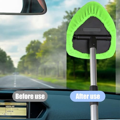 Car Windshield Cleaner Tool, Vehicle Window Detailing Cleaning Kit with Extendable Handle & 4 Washable Microfiber Pad, Auto Glass Wiper Cleaner for Exterior & Interior, Universal Fit (Green) - color: Green