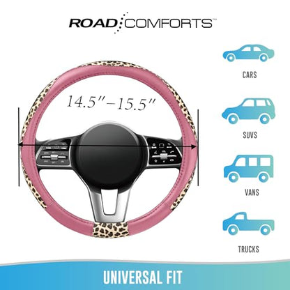 Road Comforts Steering Wheel Cover - Made with PVC Leather and Leopard Fabric - Universal 14 1/2 inches to 15 inches for Most Automotive Steering Wheel - Cheetah Print -Pink - color: Round-Pink
