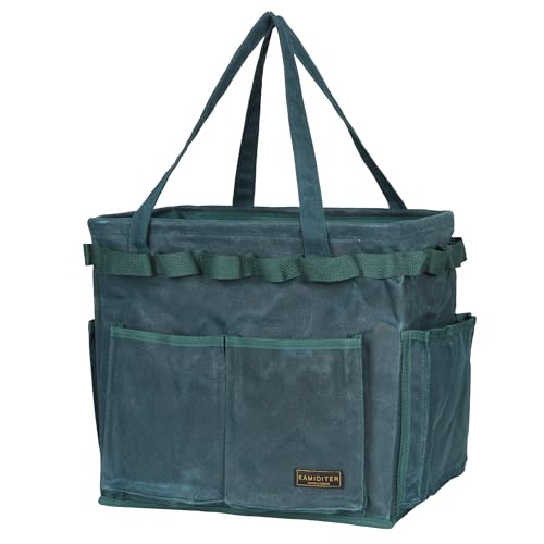 Collapsible Waxed Canvas Tool Pouch with 23 Hanging Holes - Reusable Grocery Bags with Handles for Garden/Camping/Tools/Car Trunk Storage, 14" x 13" x 10" | Dark Green - color: DarkGreen