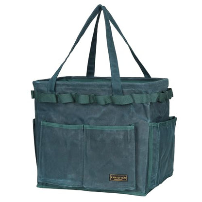 Collapsible Waxed Canvas Tool Pouch with 23 Hanging Holes - Reusable Grocery Bags with Handles for Garden/Camping/Tools/Car Trunk Storage, 14" x 13" x 10" | Dark Green - color: DarkGreen