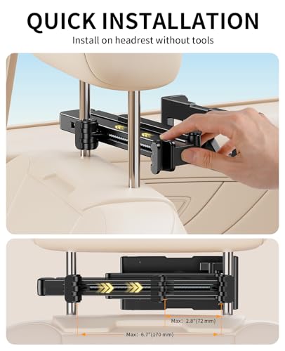 Tablet Holder for Car Headrest [3 in 1 Sturdy upgrade Extension Arm] Adjustable iPad Car Mount for BackSeat, Road Trip Essentials for Kids, Car Accessories for Women Interior for 4.7-12.9" Tablets