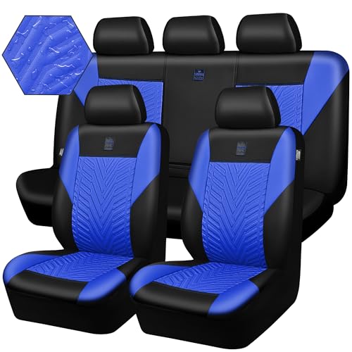 CAR PASS Faux Leather Car Seat Covers Full Set, 3D Tyre Embossed, Universal Fit for Most 5 Seats Car, Truck, SUV, Automotive, Airbag Compatible, Scrachproof Waterproof Heavy-Duty Deluxe (Blue) - color: Black Blue