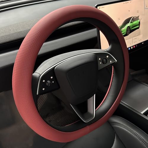 PINCTROT Nappa Leather Steering Wheel Cover for Tesla Model Y/3 Highland/Juniper, D Shaped 14 Inch Small Sized with Breathable Perforation, Fit Like Gloves, Flat Bottom 14 Inch(Nappa Rust Red) - color: 02.Rust Red, size: Small D Shaped/Flat Bottom[14''-14