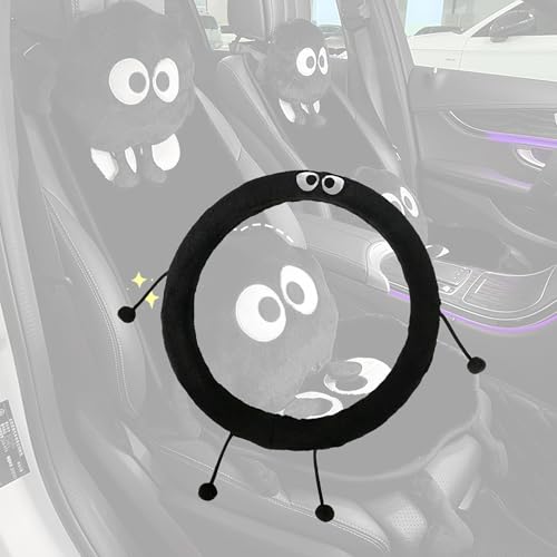 Car Headrest Pillow & Steering Wheel Cover Set with Cute Big-Eyed Furball Travel Neck Support Pillow Fur Car Interior Accessory (Black Ring Cover) - color: Black Ring Cover