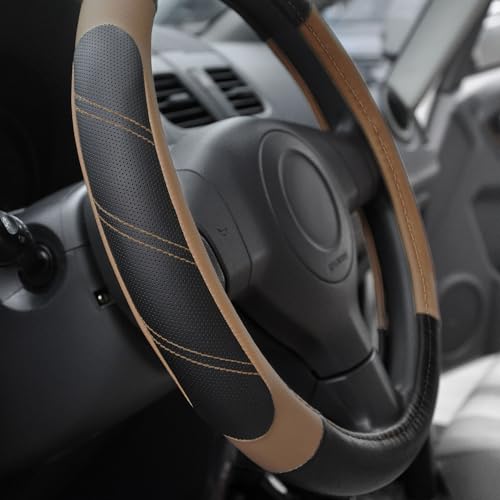 Elantrip Leather Steering Wheel Cover 14 1/2 to 15 inch Universal Padded Soft Grip Breathable for Car Truck SUV Jeep Anti Slip Brown - color: Black and Brown, size: 14 1/2 - 15 Inch