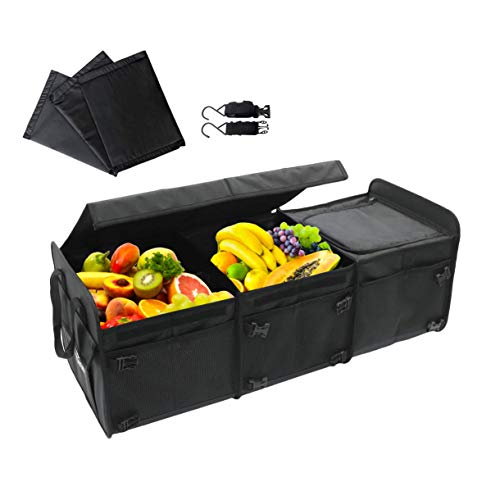 Tuff Viking Convertible Large 3 Compartment SUV Trunk Organizer with Cover | Truck Bed Organizer | for Trucks, Cars, SUVs and Groceries with Tie Down Straps. (6 in 1 with Cover, Black) - color: Black, size: 6-in-1 with Cover