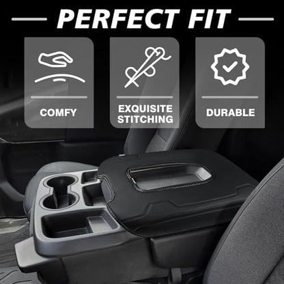 Muslogy Center Console Armrest Cover Fit for Chevy Silverado & GMC Sierra 2019-2026 Accessories, Comfort Armrest Pad Console Lid Cushion Vegan Leather Regular Thick(Split Bench Seat Console ONLY) - size: 1) 19-25 |Silverado & Sierra| Jump Seat, Regular