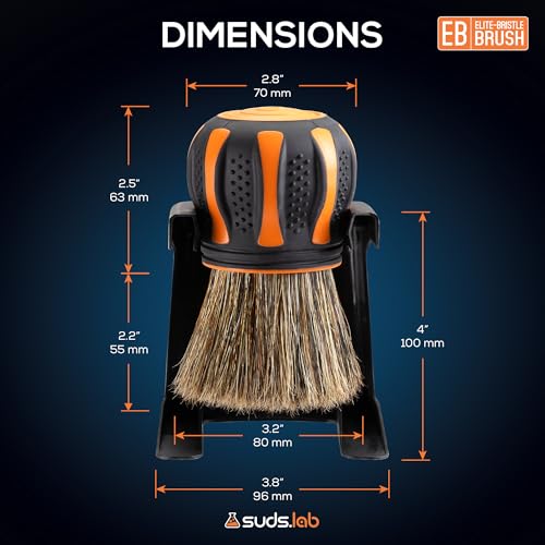 Suds Lab Elite-Bristle Boar’s Hair Car Detailing Brush – Deep Cleaning Car Detail Brush with Stand – Metal-Free, High Absorbency Detailing Tool for Scratch-Free Interior & Exterior - size: Boar Hair