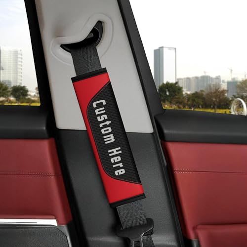 Custom Seatbelt Shoulder Pads – Personalized Seat Belt Covers with Name, Logo, Text & Image – Carbon Fiber Padded Strap Protectors for Cars, Trucks, SUVs, Backpacks – Auto Accessories for Women, Men - color: Red