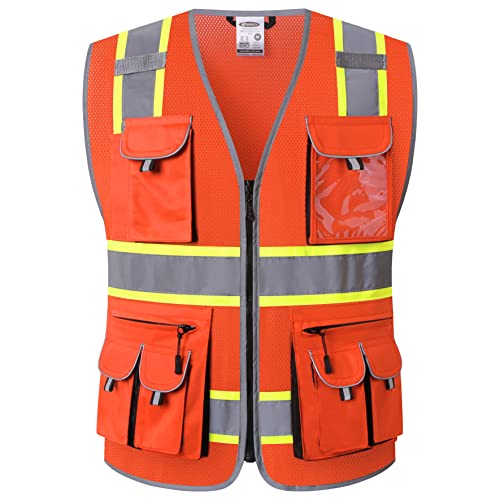 JKSafety 10 Pockets Hi-Vis Neon Color Frontal Zipper Mesh Safety Vest for Men Women Safety Utility for works Comply to ANSI/ISEA Class 2 (86-Orange L) - color: Jk086-orange, size: Large
