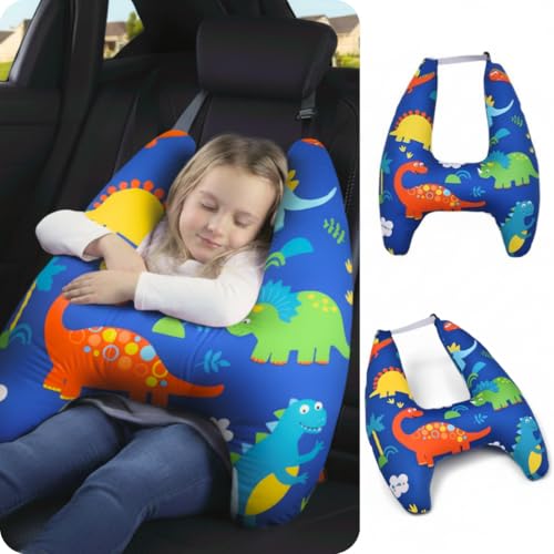 Travel Pillow Car Cushion for Kids 6 Years Old+ Shoulder Neck Back Support & Seat Belt Comfort, Road Trip Cozy Sleeping Gift for Young Travelers, Parents, Families, Baby Shower (Dinosaur Blue) - color: Dinosaur
