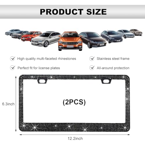 DXNQ Bling License Plate Frame, Sparkly Rhinestone Diamond License Plate Cover with Crystal Screws Caps, Glitter Crystal Stainless Steel License Plate Holder for Women, Car Accessories (Black,2PCS) - color: Black,2PCS