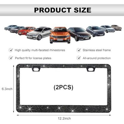 DXNQ Bling License Plate Frame, Sparkly Rhinestone Diamond License Plate Cover with Crystal Screws Caps, Glitter Crystal Stainless Steel License Plate Holder for Women, Car Accessories (Black,2PCS) - color: Black,2PCS