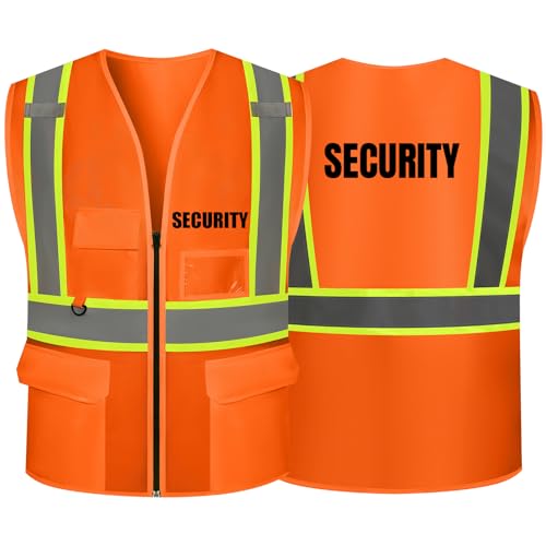 Security Safety Vest with Knit Fabric High Visibility Durable Reflective Vest with Zipper 5 Pockets for Work & Sports - color: B-orange, size: Small