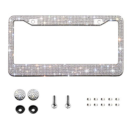 Bling License Plate Frame for Women,Sparkle Crystal Bedazzled Rhinestone License Plate Frames with 1400pcs Rhinestones, Handcrafted Crystal Premium Stainless Steel Frame with Screw Caps (White) - color: white