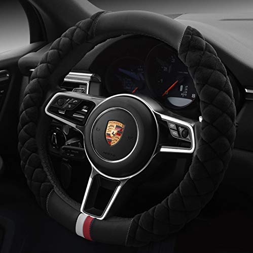 HAOKAY Luxury Fluffy Steering Wheel Cover for Men Women,Soft Warm Short Plush Steering Wheel Cover Black Fuzzy with Universal 14.5-15 Inch - color: BLACK