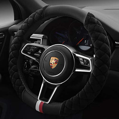 HAOKAY Luxury Fluffy Steering Wheel Cover for Men Women,Soft Warm Short Plush Steering Wheel Cover Black Fuzzy with Universal 14.5-15 Inch - color: BLACK