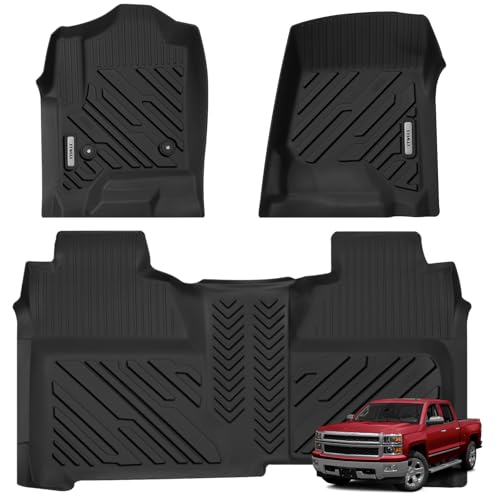 All Weather Floor Mat for 2014-2018 Chevy Silverado/GMC Sierra 1500 Crew Cab, 2015-2019 SLV/SRA 2500 3500 HD,TPE Car Mat Full Set 1st & 2nd Row All Weather Anti-Slip Waterproof Odorless - size: Chevy, style: 14-18 Chevy Silverado/GMC Sierra 1500 Crew Cab