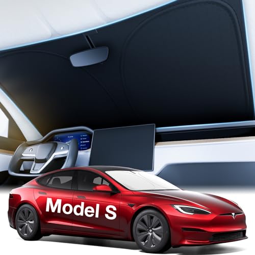 2026 Upgraded Accessories Tesla Model S Windshield Sunshade [Ice Shield Tech Fabric, 100% Sun Blockage], Foldable Heat Insulation Sunshade with Storage Bag, for Tesla Model S 2016~2026, Silver Coating - size: 3.Model S (2016-2026)