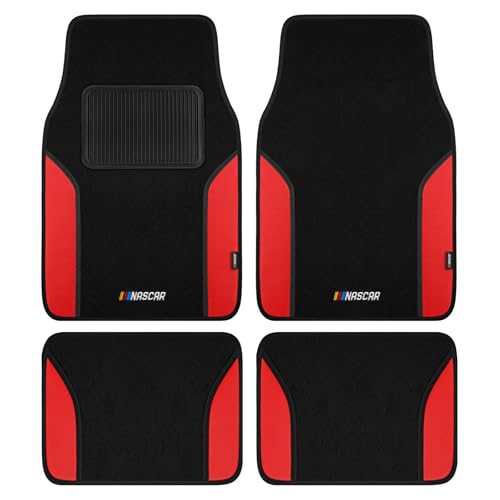 NASCAR Car Floor Mats, Carpet & Red Leather Design Car Mats, Universal-Fit All-Weather Car Floor Mats with Built-in Heel Pad & Anti-Slip Backing, Durable Odorless Automotive Interior Accessories - color: Red