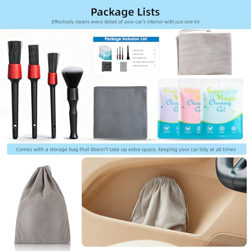 TICARVE 9Pcs Car Interior Detailing Kit - Car Cleaning Brushes, Universal Gel, Microfiber Towel and Storage Bag for Dashboard, Air Vents, Keyboard & Electronics - size: 9 Pack