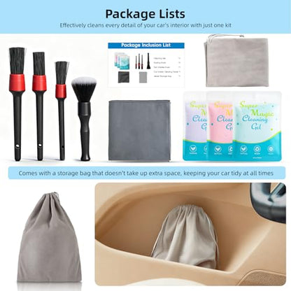 TICARVE 9Pcs Car Interior Detailing Kit - Car Cleaning Brushes, Universal Gel, Microfiber Towel and Storage Bag for Dashboard, Air Vents, Keyboard & Electronics - size: 9 Pack