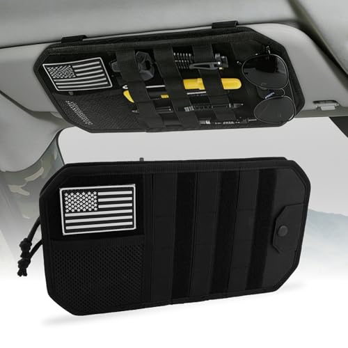 Car Sun Visor Organizer, Semi-Rigid Molle Panel Tactical Car Accessories with Zipper Storage Pouch, Sunglass Holder for Car Visor Organizer, Universal Fit for Trucks, SUVs, Jeeps & Police Gear, Black - color: Black