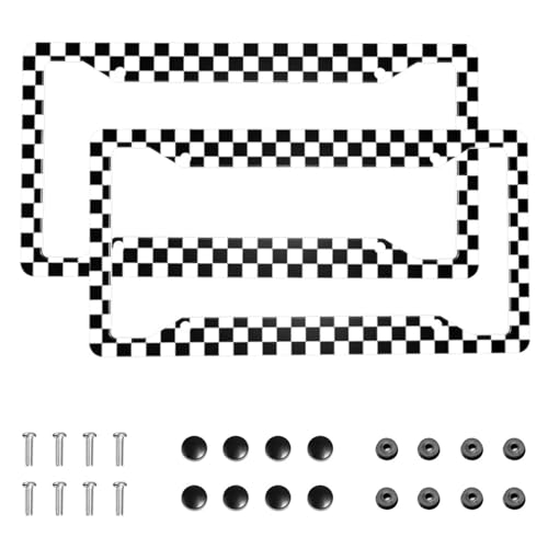 Checkerboard Black and White License Plate Frame, Set of 2 Checkerboard Race Car License Plate Covers, Men & Women Car Tag Aluminum License Plates Holder for 4 Holes with Screws 12.3 X 6.3 in - color: Checkerboard