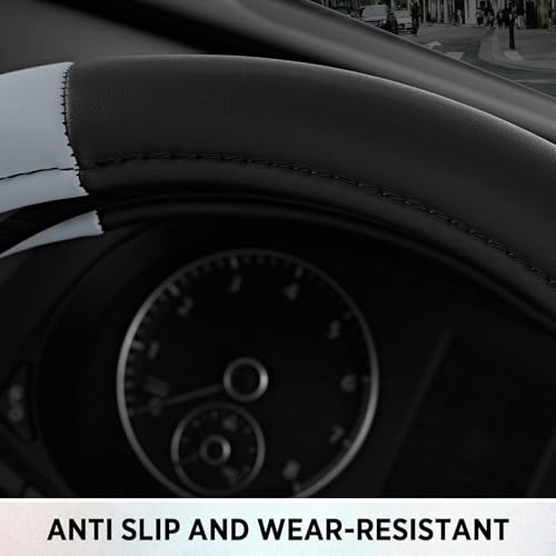 Road Comfort Leather Steering Wheel Cover – Premium Anti-Slip Car Steering Wheel Grip Cover – Universal Fit for 14.5”–15” Cars, Trucks & SUVs - Gray - color: Gray