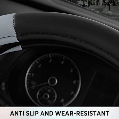 Road Comfort Leather Steering Wheel Cover – Premium Anti-Slip Car Steering Wheel Grip Cover – Universal Fit for 14.5”–15” Cars, Trucks & SUVs - Gray - color: Gray